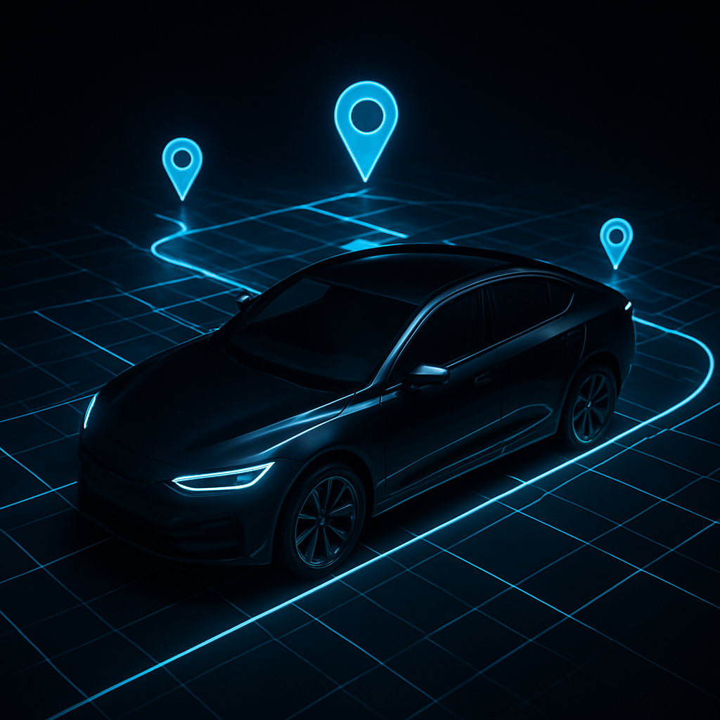 Veículo monitorado por GPS com rotas e pontos de localização em tempo real